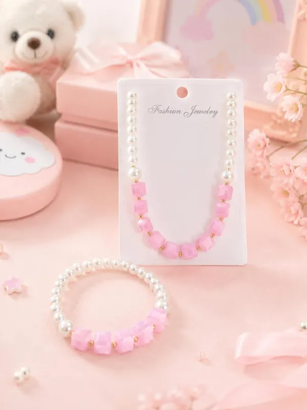 Pink_Acrylic_Pearl_Beaded_Necklace_Bracelet_Set_For_Girls