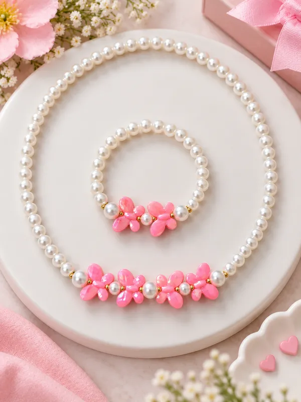 Dark_Pink_Acrylic_Butterfly_Pearl_Beaded_Necklace_Bracelet_Set_For_Girls