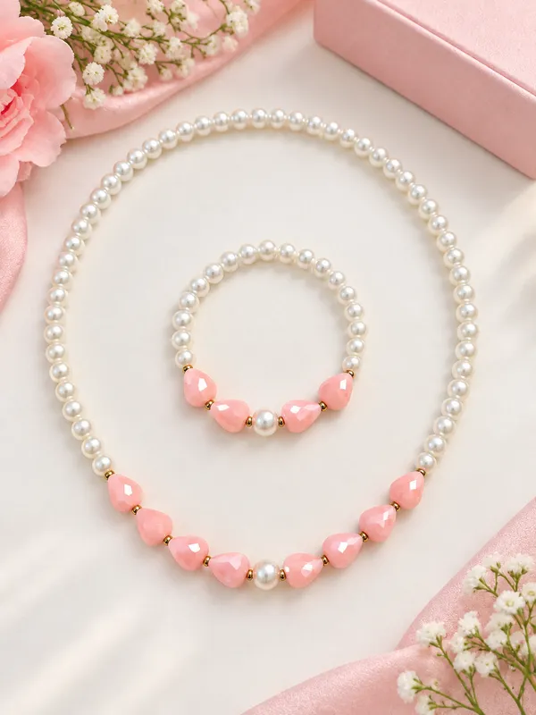 Peach_Acrylic_Beaded_Necklace_And_Bracelet_Set_For_Girls