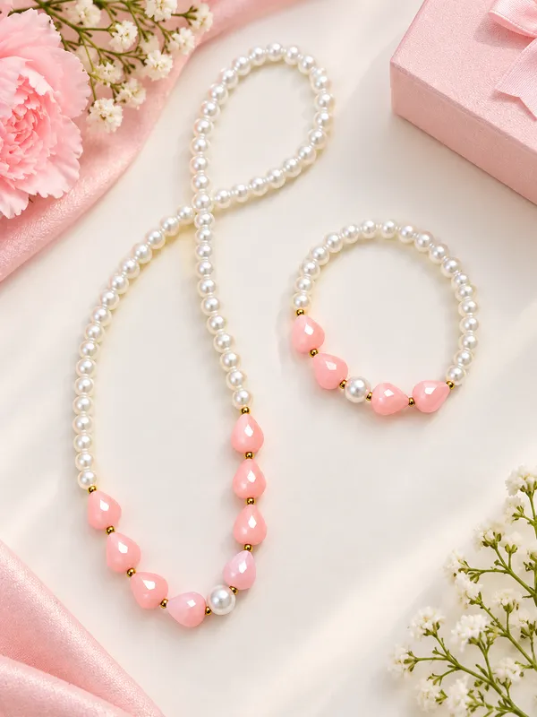 Peach_Acrylic_Beaded_Necklace_And_Bracelet_Set_For_Girls