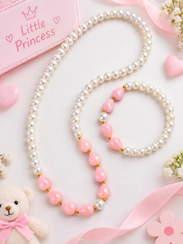 Peach_Acrylic_Beaded_Necklace_And_Bracelet_Set_For_Girls