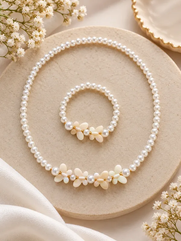 White_Acrylic_Butterfly_Pearl_Beaded_Necklace_Bracelet_Set_For_Girls