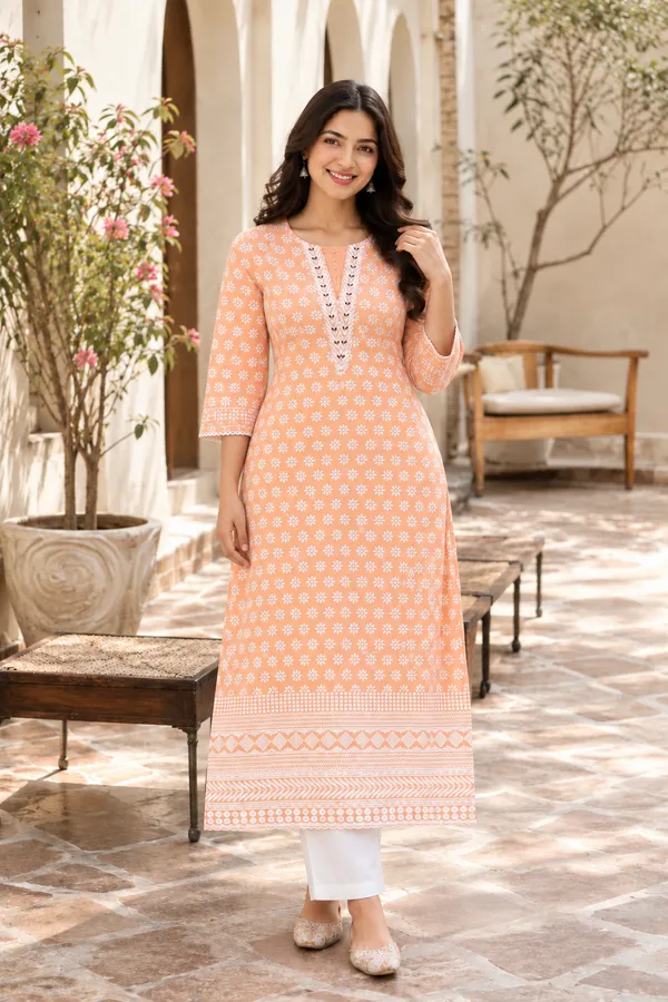 Peach_Printed_Straight_Kurta_Set_For_Women
