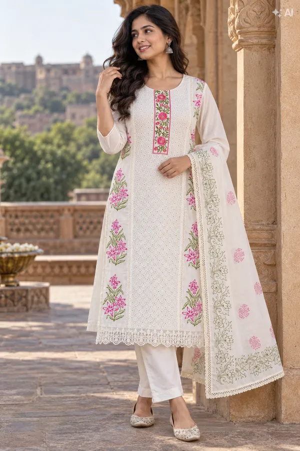 White_Floral_Straight_Kurta_Set_For_Women