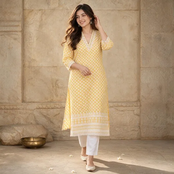 Yellow_Cotton_Chikankari_Straight_Printed_Kurti_For_Women