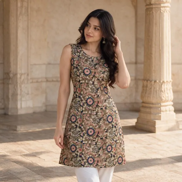 Brown_Kalamkari_Sleeveless_Floral_Print_Kurti_For_Women