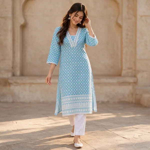 Blue_Cotton_Chikankari_Straight_Floral_Print_Kurti_For_Women