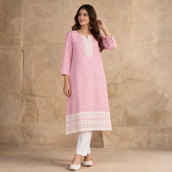 Pink_Cotton_Chikankari_Straight_Floral_Print_Kurti_For_Women