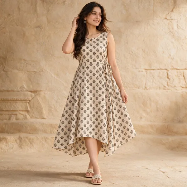 Beige_Ajrakh_Cotton_A-Line_Printed_Dress_For_Women