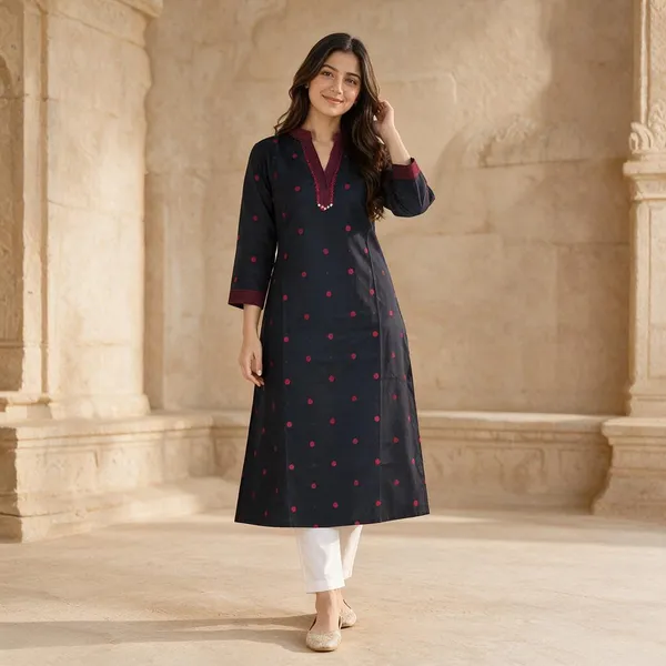 Black_Dobby_Straight_Printed_Kurti_For_Women