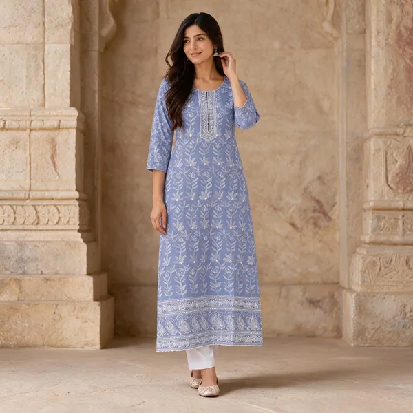 Sky_Blue_Cotton_Chikankari_Straight_Floral_Print_Kurti_For_Women