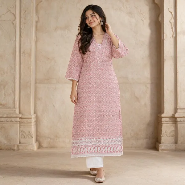 Peach_Cotton_Chikankari_Straight_Printed_Kurti_For_Women
