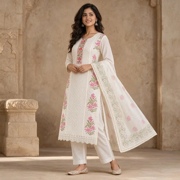 White_Cotton_Straight_Floral_Print_Kurta_Suit_For_Women
