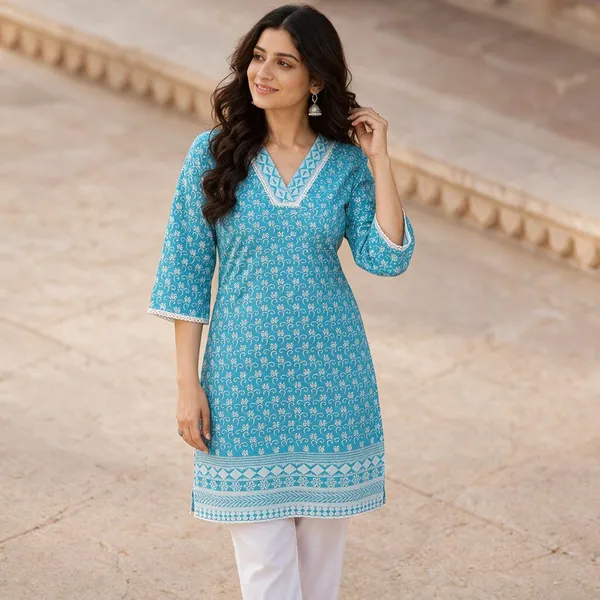 Turquoise_Cotton_Chikankari_Straight_Printed_Kurti_For_Women