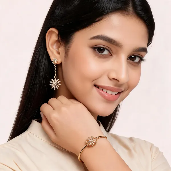 Gold_Tone_Stainless_Steel_Floral_Bracelet_And_Earring_Set_For_Women