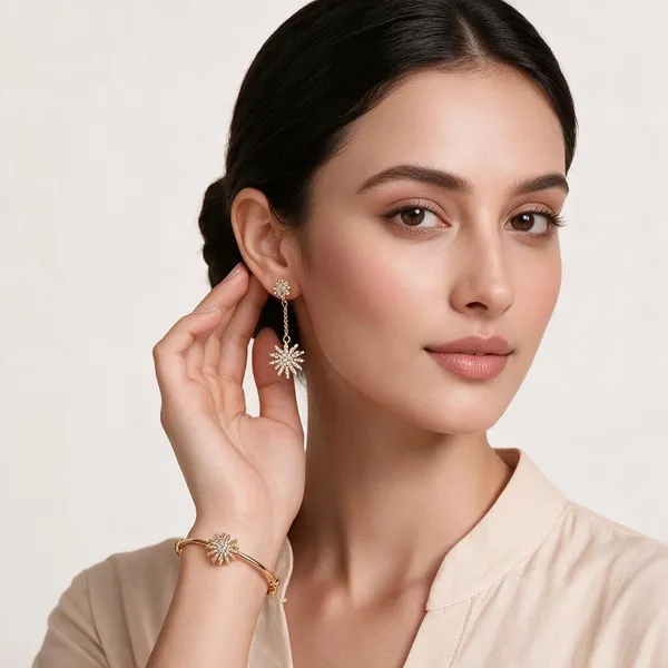 Gold_Tone_Stainless_Steel_Floral_Bracelet_And_Earring_Set_For_Women