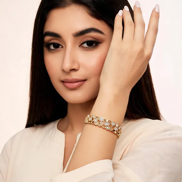Gold_Tone_Honeycomb_Pattern_Stone_Studded_Bangle_For_Women