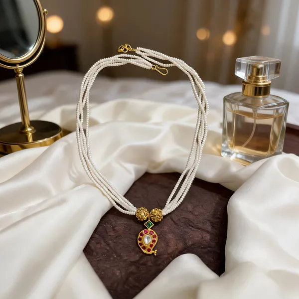White_Beaded_Gold_Tone_Pendant_Necklace