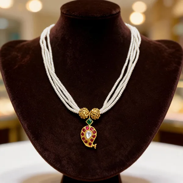 White_Beaded_Gold_Tone_Pendant_Necklace
