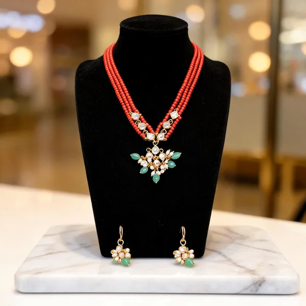 Red_Beaded_Floral_Necklace_Set_For_Women