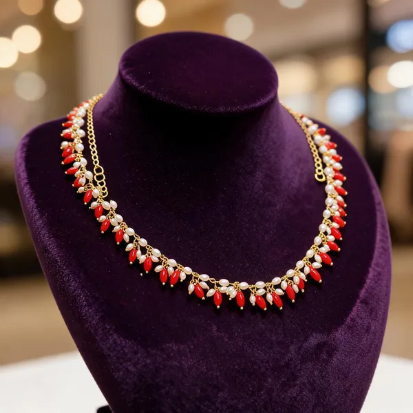 Gold_Tone_Red_And_White_Beaded_Necklace_For_Women