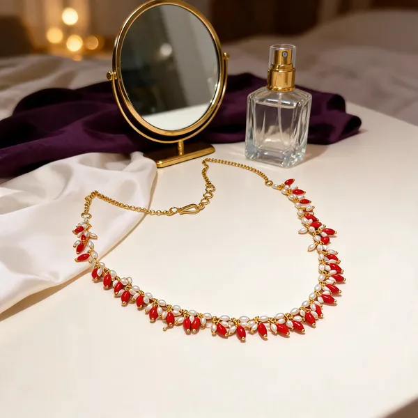 Gold_Tone_Red_And_White_Beaded_Necklace_For_Women