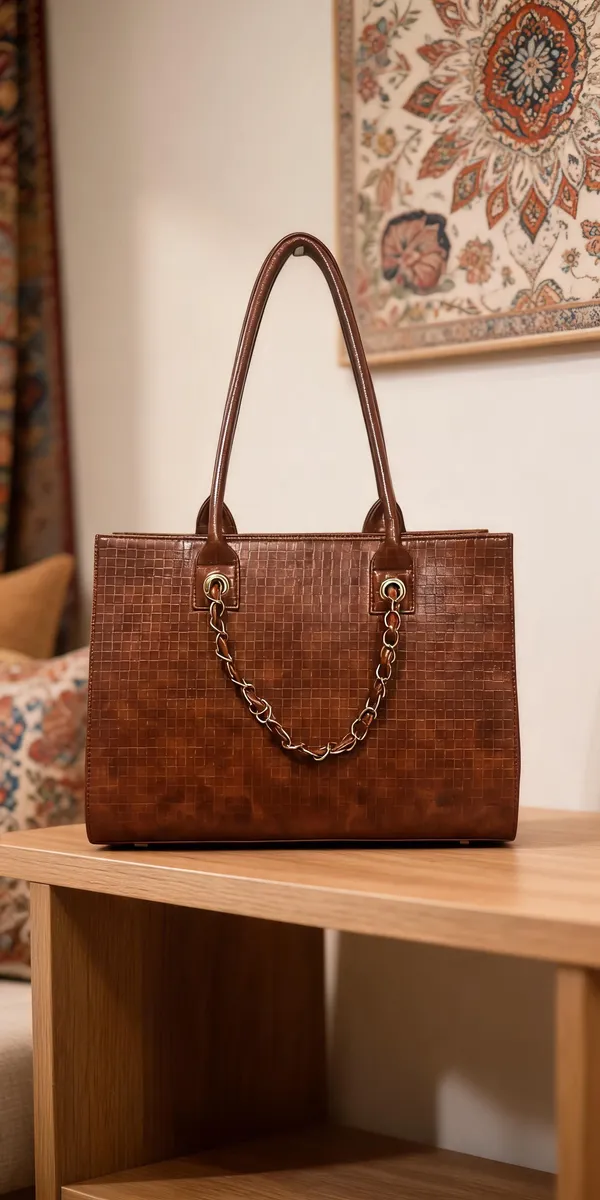 Brown_Synthetic_Leather_Textured_Shoulder_Tote_Bag_For_Women