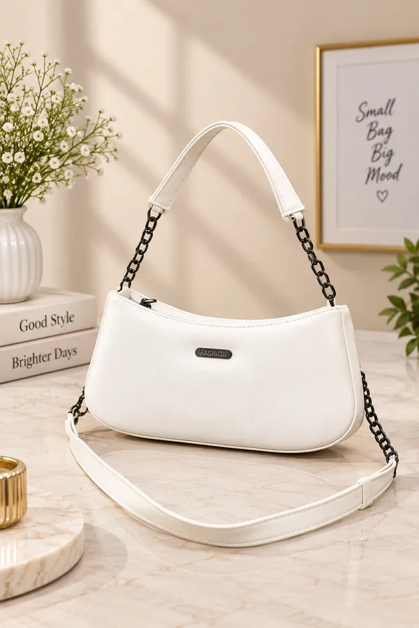 White_Synthetic_Leather_Chain_Shoulder_Bag_For_Women