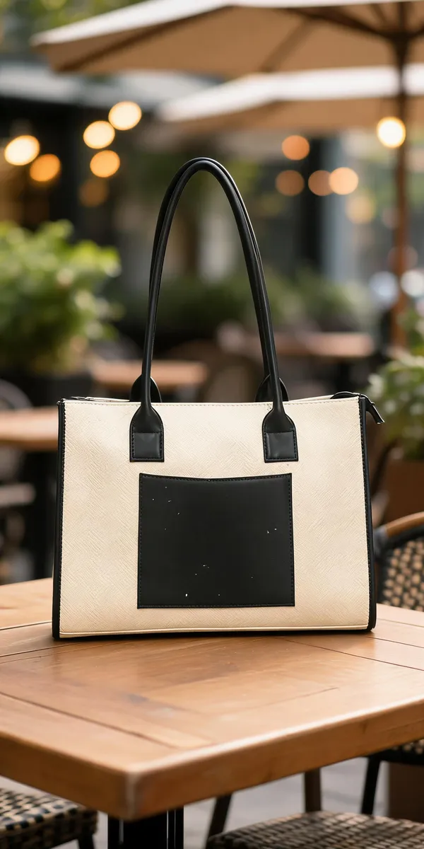 Cream_&_Black_Textured_Leather_Look_Colour_Block_Tote_Handbag_For_Women