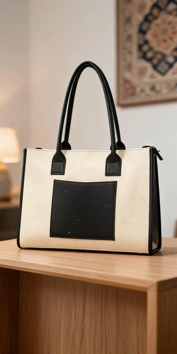 Cream_&_Black_Textured_Leather_Look_Colour_Block_Tote_Handbag_For_Women