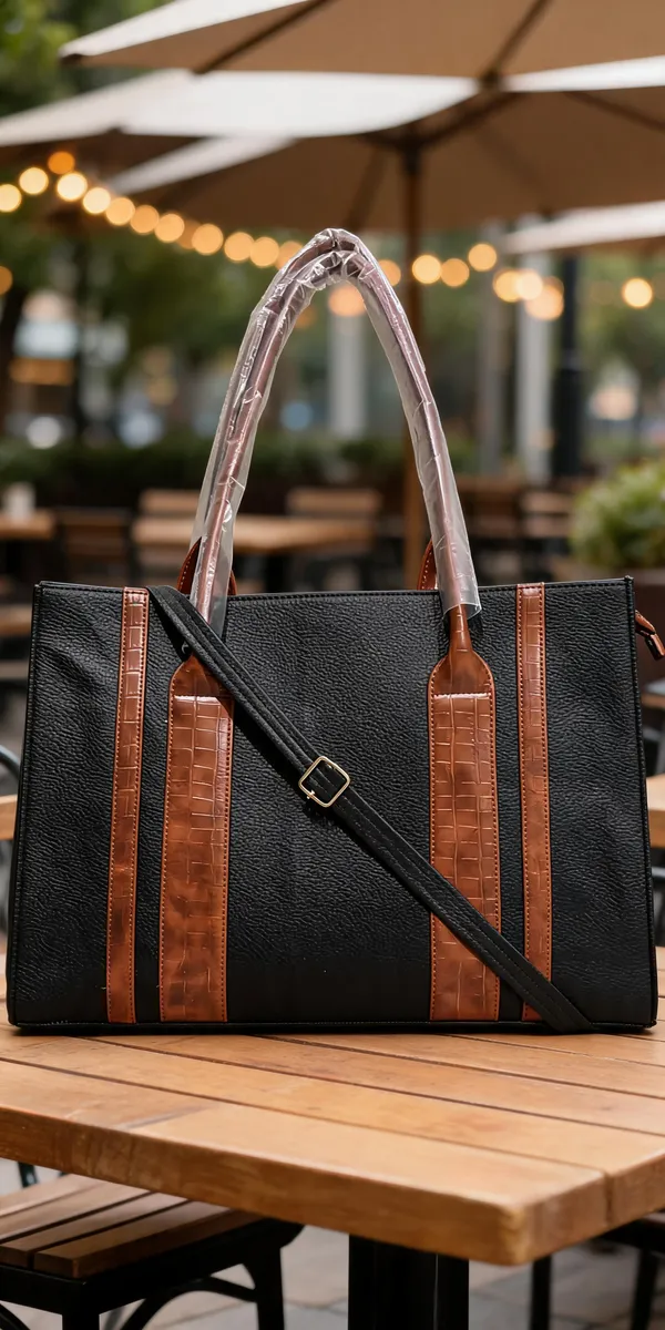 Black_Textured_Leather_Look_Colour_Block_Tote_Handbag_For_Women