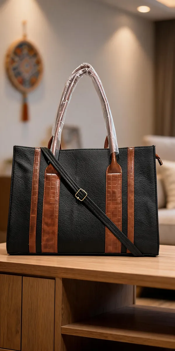Black_Textured_Leather_Look_Colour_Block_Tote_Handbag_For_Women