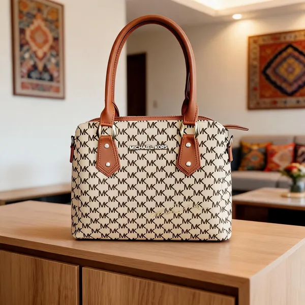 Beige_Synthetic_Leather_Monogram_Structured_Tote_Bag_For_Women