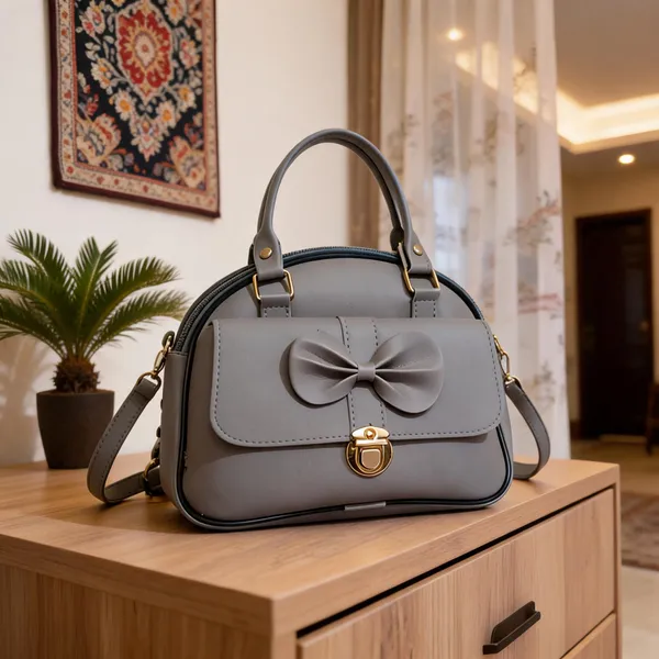 Grey_Synthetic_Leather_Bow_Detail_Structured_Handbag_For_Women