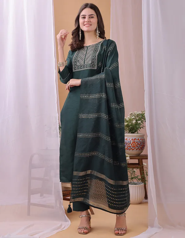 Hritika_Dark_Green_Silk__Embroidered_Round_Neck_Kurta_With_Trousers_&_Dupatta