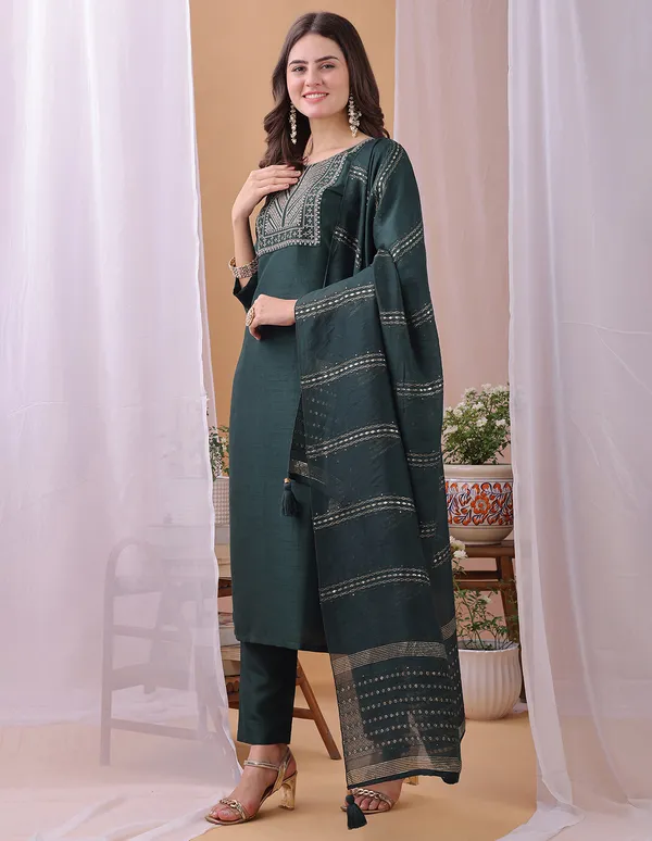 Hritika_Dark_Green_Silk__Embroidered_Round_Neck_Kurta_With_Trousers_&_Dupatta