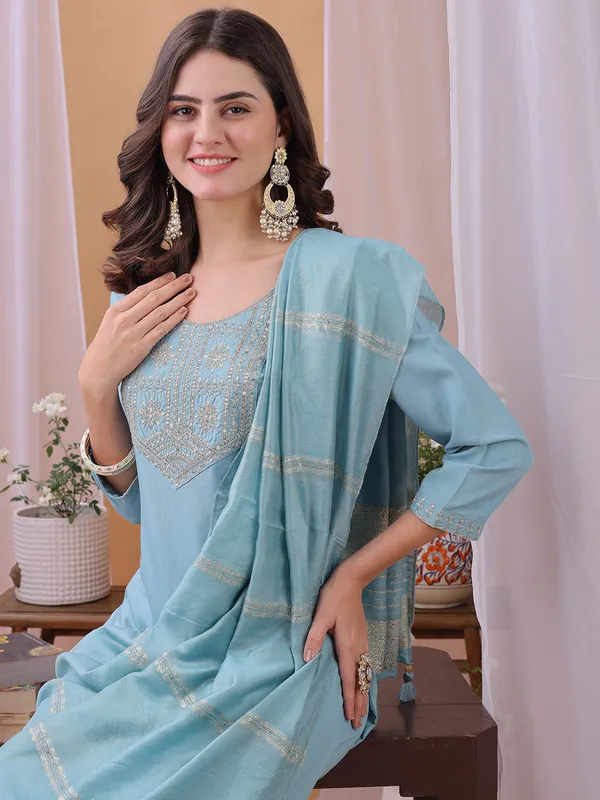 Hritika_Blue_Cotton__Zari_Embroidered_Kurta_With_Trouser_&_Dupatta_Set