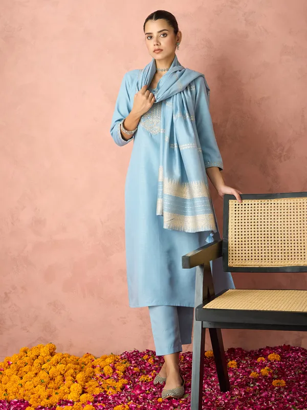 Hritika_Light_Blue_Cotton__Zari_Embroidered_Kurta_With_Trouser_&_Dupatta_Set
