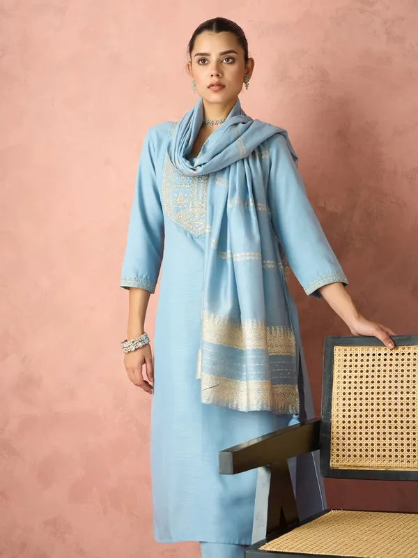 Hritika_Light_Blue_Cotton__Zari_Embroidered_Kurta_With_Trouser_&_Dupatta_Set