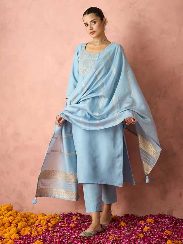 Hritika_Light_Blue_Cotton__Zari_Embroidered_Kurta_With_Trouser_&_Dupatta_Set
