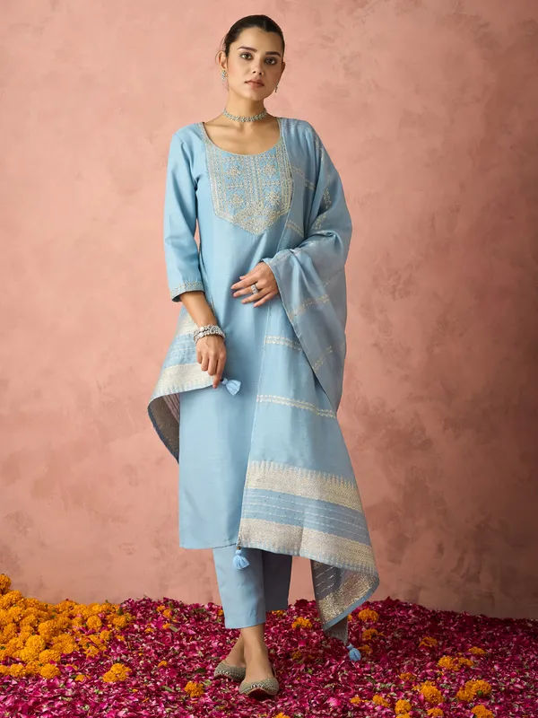 Hritika_Light_Blue_Cotton__Zari_Embroidered_Kurta_With_Trouser_&_Dupatta_Set