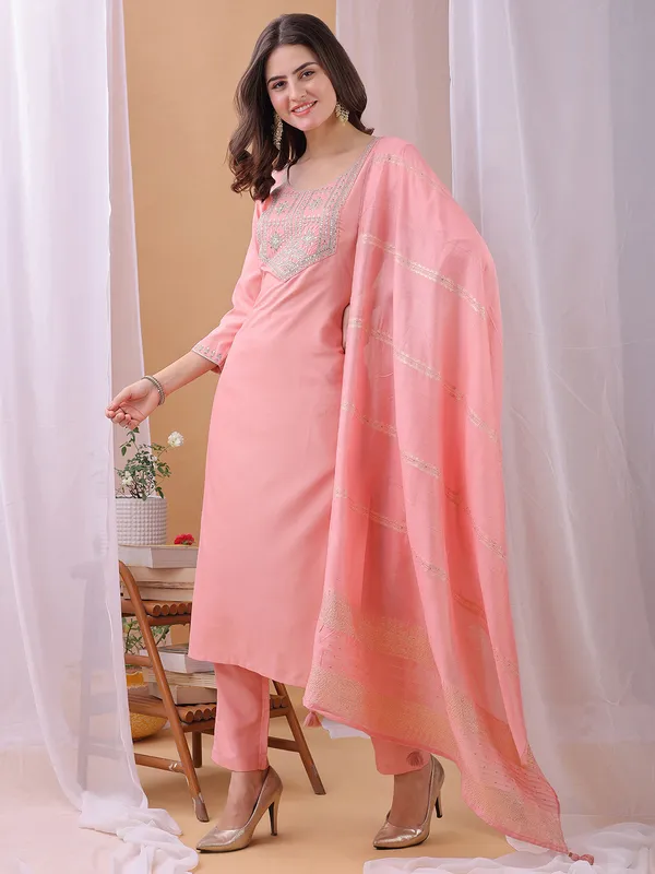 Hritika_Light_Peach_Cotton__Zari_Embroidered_Kurta_With_Trouser_&_Dupatta_Set