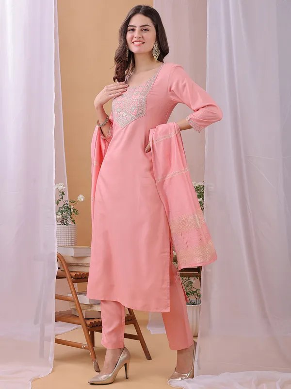 Hritika_Light_Peach_Cotton__Zari_Embroidered_Kurta_With_Trouser_&_Dupatta_Set