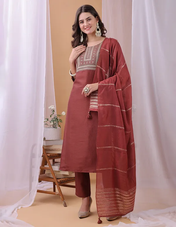 Hritika_Rust_Silk__Embroidered_Round_Neck_Kurta_With_Trousers_&_Dupatta
