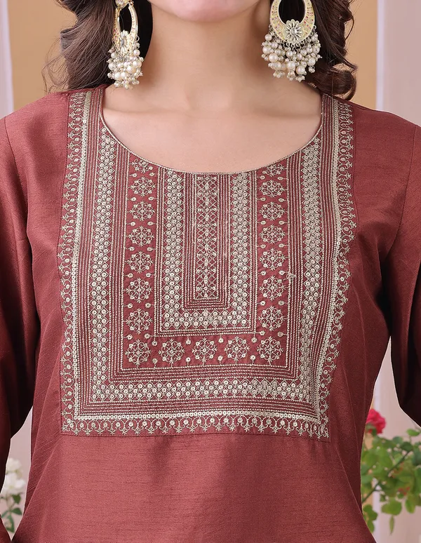 Hritika_Rust_Silk__Embroidered_Round_Neck_Kurta_With_Trousers_&_Dupatta