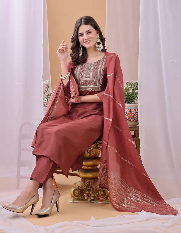 Hritika_Rust_Silk__Embroidered_Round_Neck_Kurta_With_Trousers_&_Dupatta