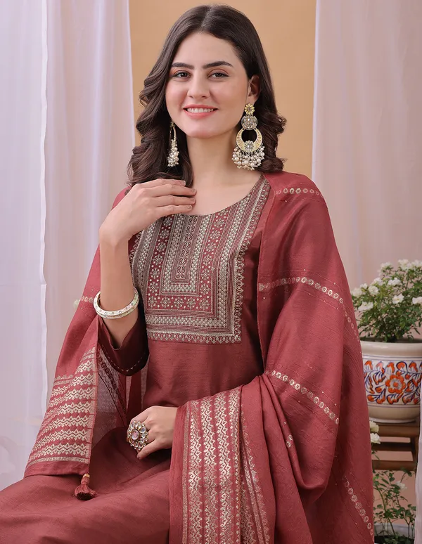 Hritika_Rust_Silk__Embroidered_Round_Neck_Kurta_With_Trousers_&_Dupatta