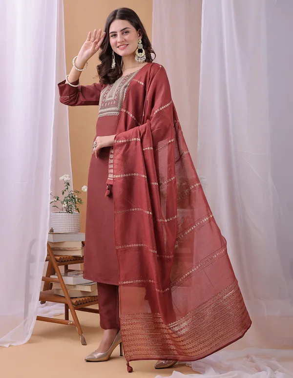Hritika_Rust_Silk__Embroidered_Round_Neck_Kurta_With_Trousers_&_Dupatta