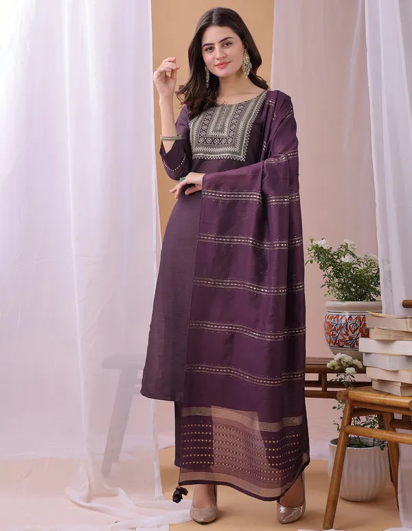 Hritika_Wine_Silk__Embroidered_Round_Neck_Kurta_With_Trousers_&_Dupatta