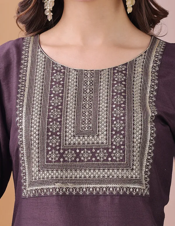 Hritika_Wine_Silk__Embroidered_Round_Neck_Kurta_With_Trousers_&_Dupatta